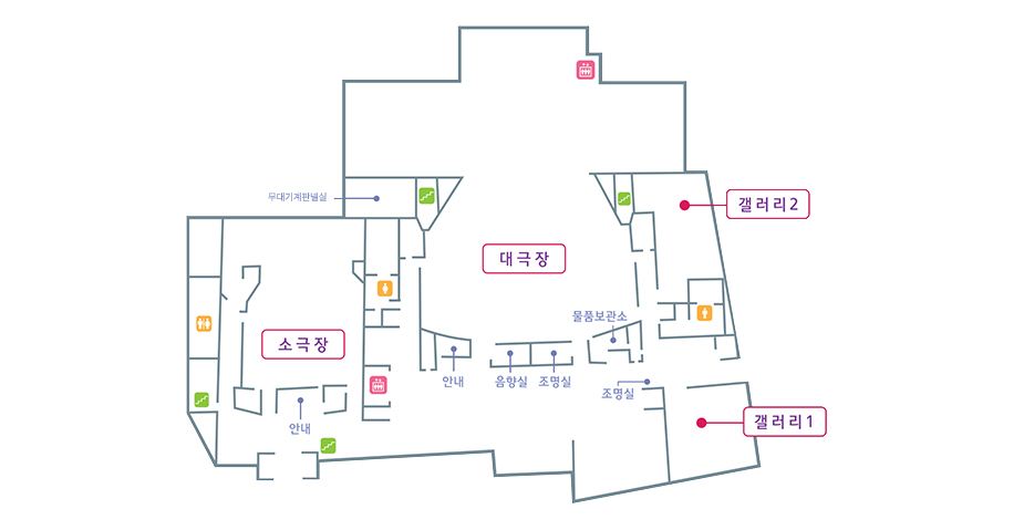 피아노보관실, 무대기계판넬실, 분장실 9개, 그룹분장실 4개, 그룹분장실(4), AMP실, 출연자대기실, 창고, 피아노보관실, 주역분장실, 중앙제어실, 지하주차장, 용역사무실, 계단 6개, 화장실 4개, 엘리베이터 1개