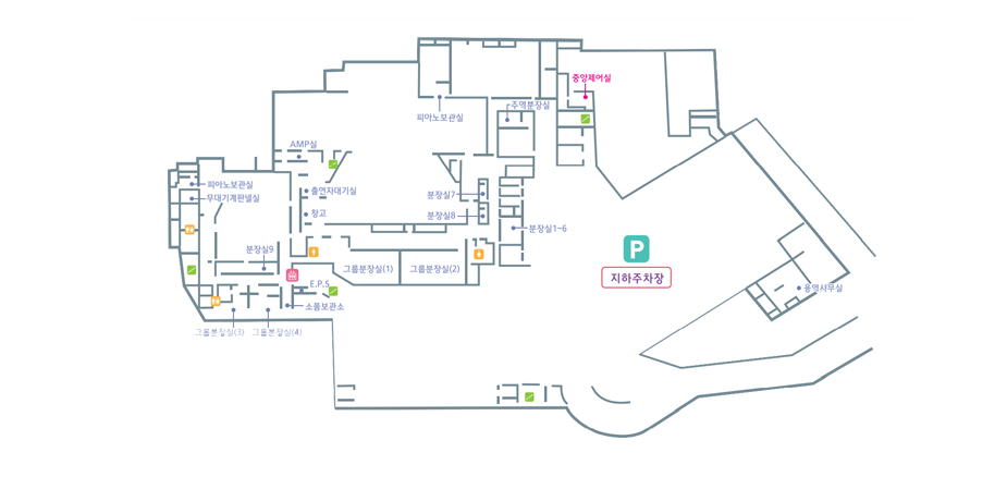 피아노보관실, 무대기계판넬실, 분장실9개, 그룹분장실4개, AMP실, 출연자대기실, 창고, E.P.S, 소품보관소, 피아노보관실, 주역분장실, 중앙제어실, 지하주차장, 용역사무실, 계단5개, 화장실 4개, 엘리베이터 1개