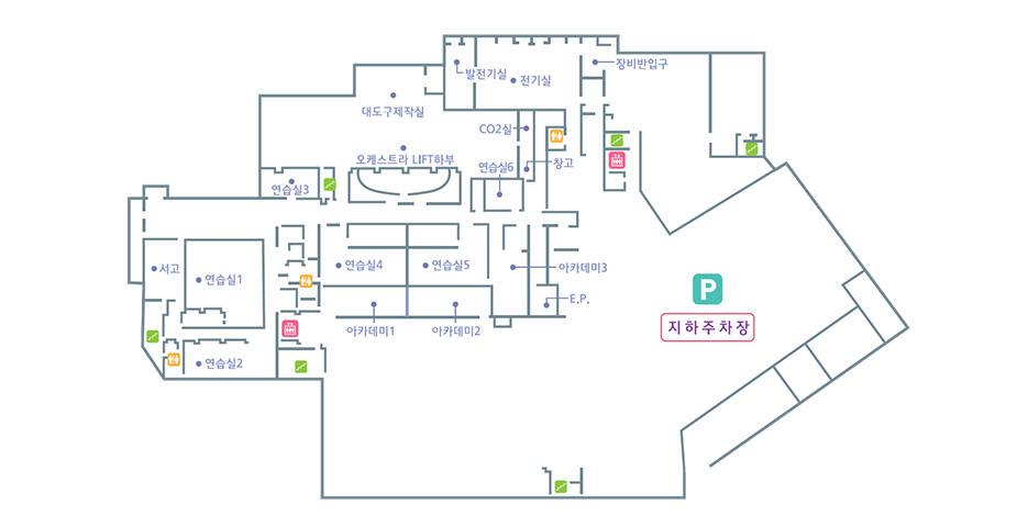서고, 연습실 6개, 대도구제작실, 오케스트라 LIFT하부, 아카데미 3개, 발전기실, 전기실, CO2실, 창고, E.P., 장비반입구, 지하주차장, 계단 6개, 화장실 3개, 엘리베이터 2개